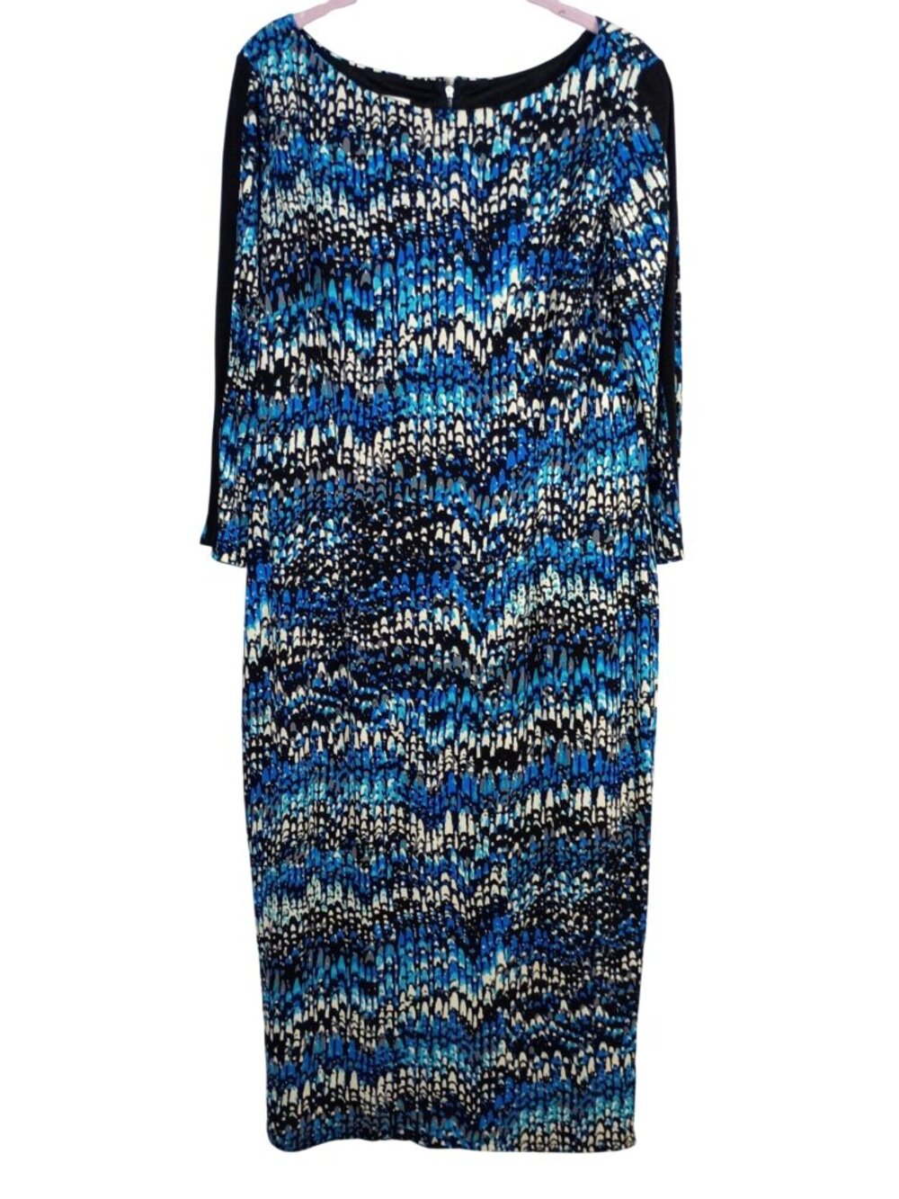 Maggy London Dress Womens 14 Blue Black Geometric Sheath Boat Neck 3/4 Sleeve